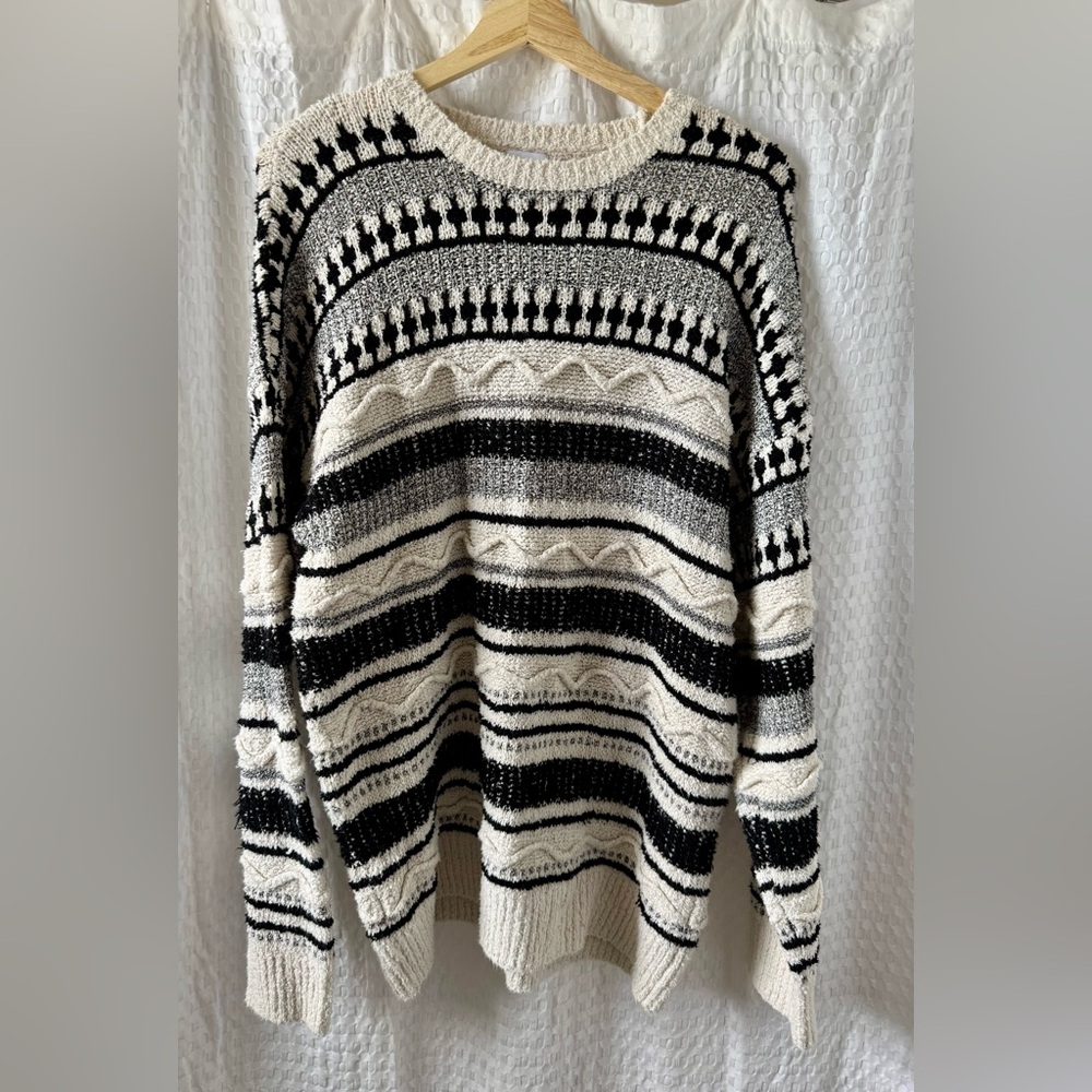Zara Boho Textured Oversized Black and White Striped Sweater, Sz. L